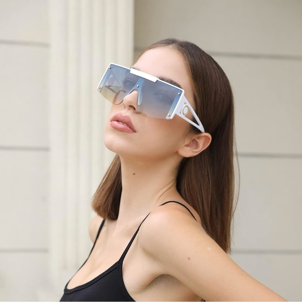 Blue and White Oversized Shield Sunglasses Square Flat Top UV400 Women